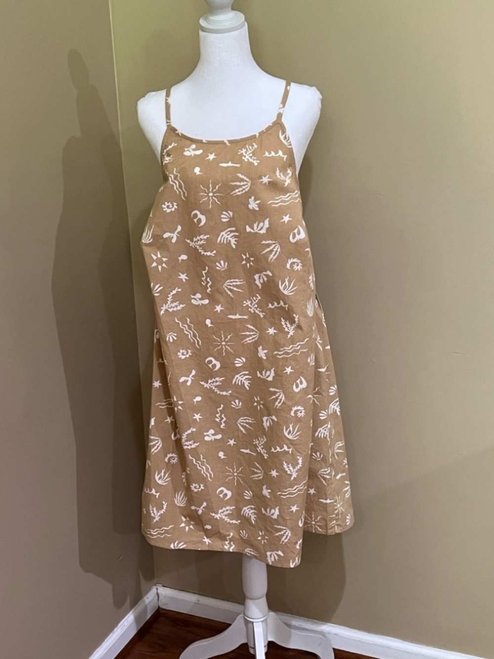 Halter sundress spaghetti strap beach print tan mini dress